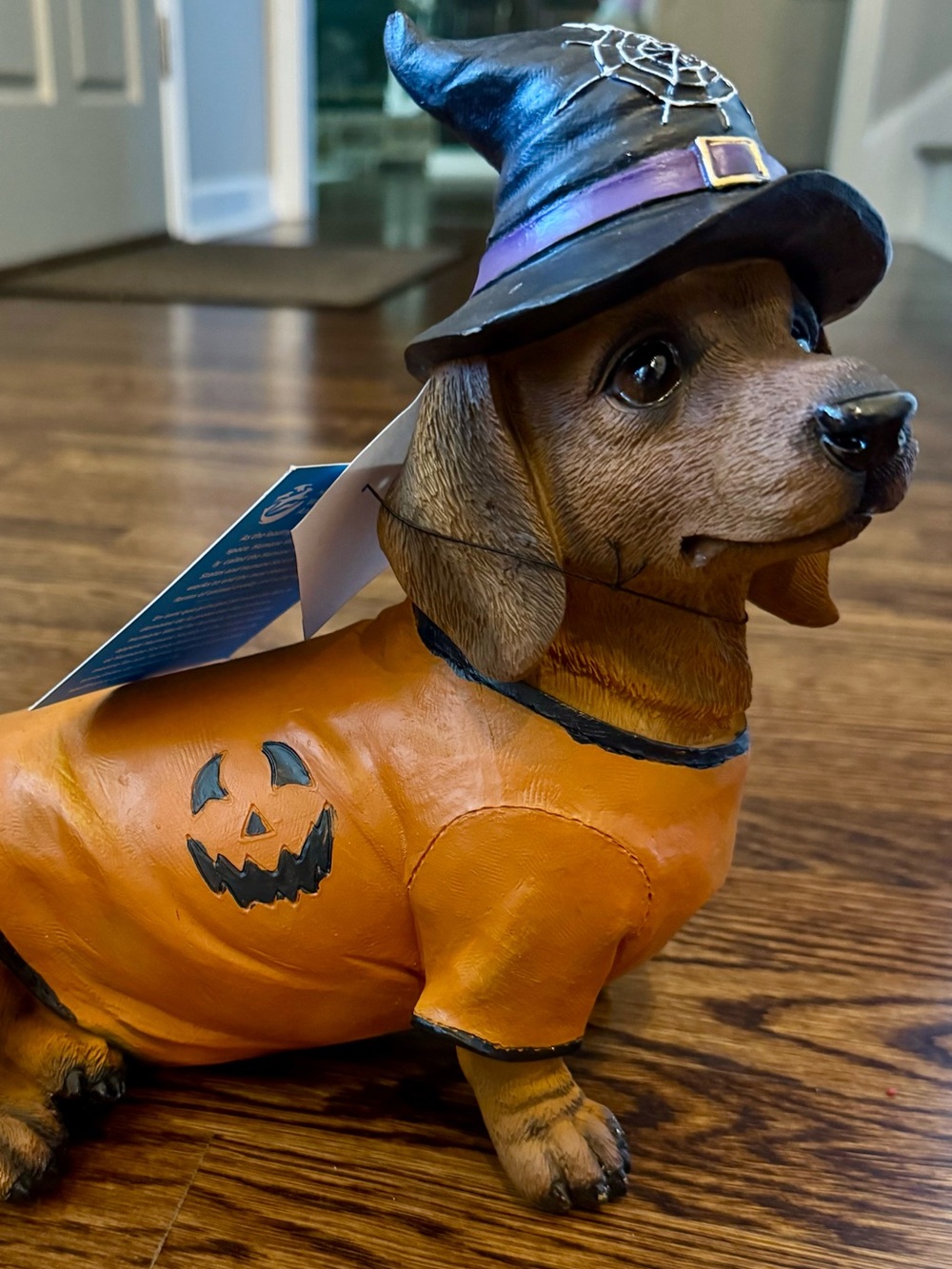 Halloween Pumpkin Dachshund Dog Figurine With Orange and Black Halloween Shirt